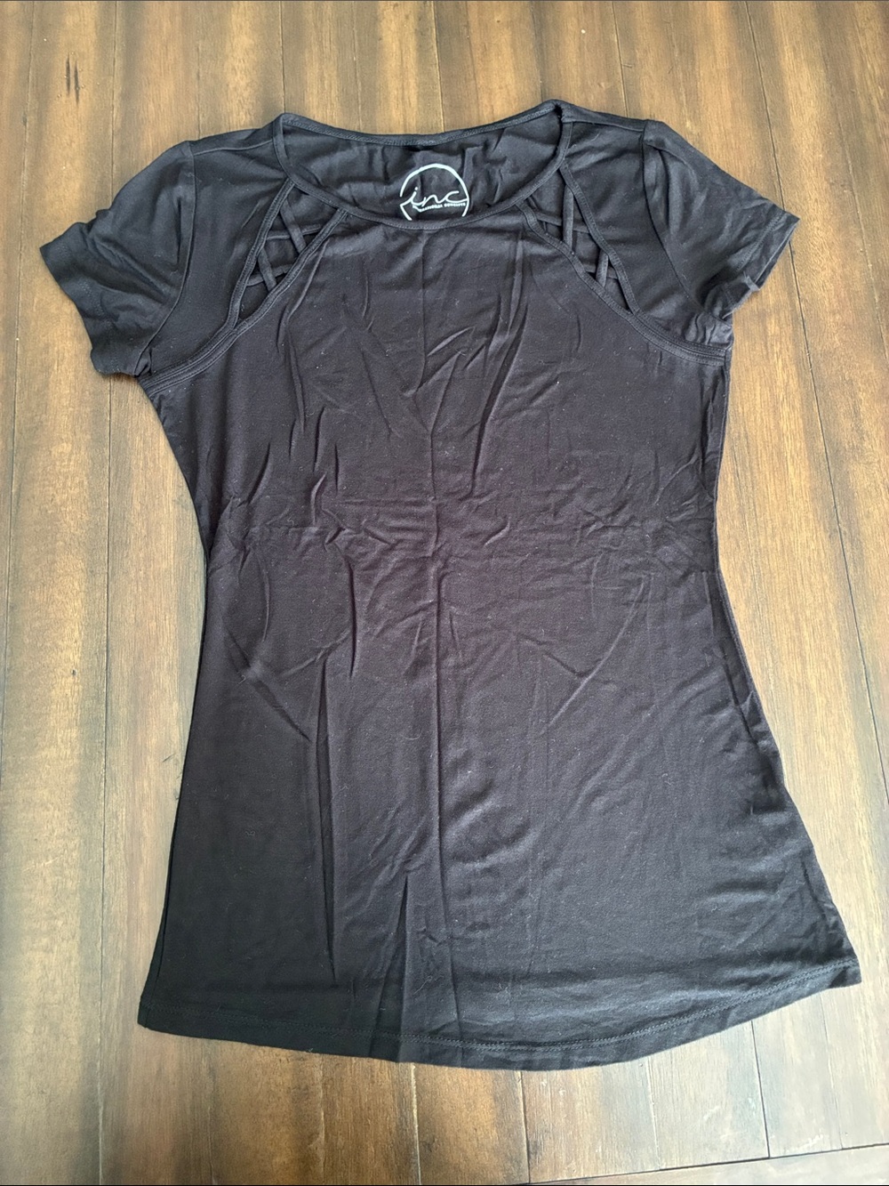INC International Concepts Black Short-Sleeve Crisscross Yoke Top
